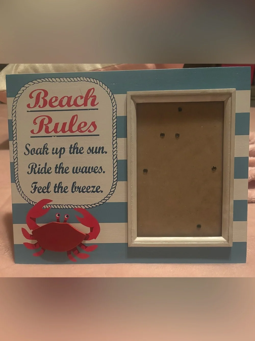 Beach Rules Striped Photo Frame - Blue & White with Red Crab